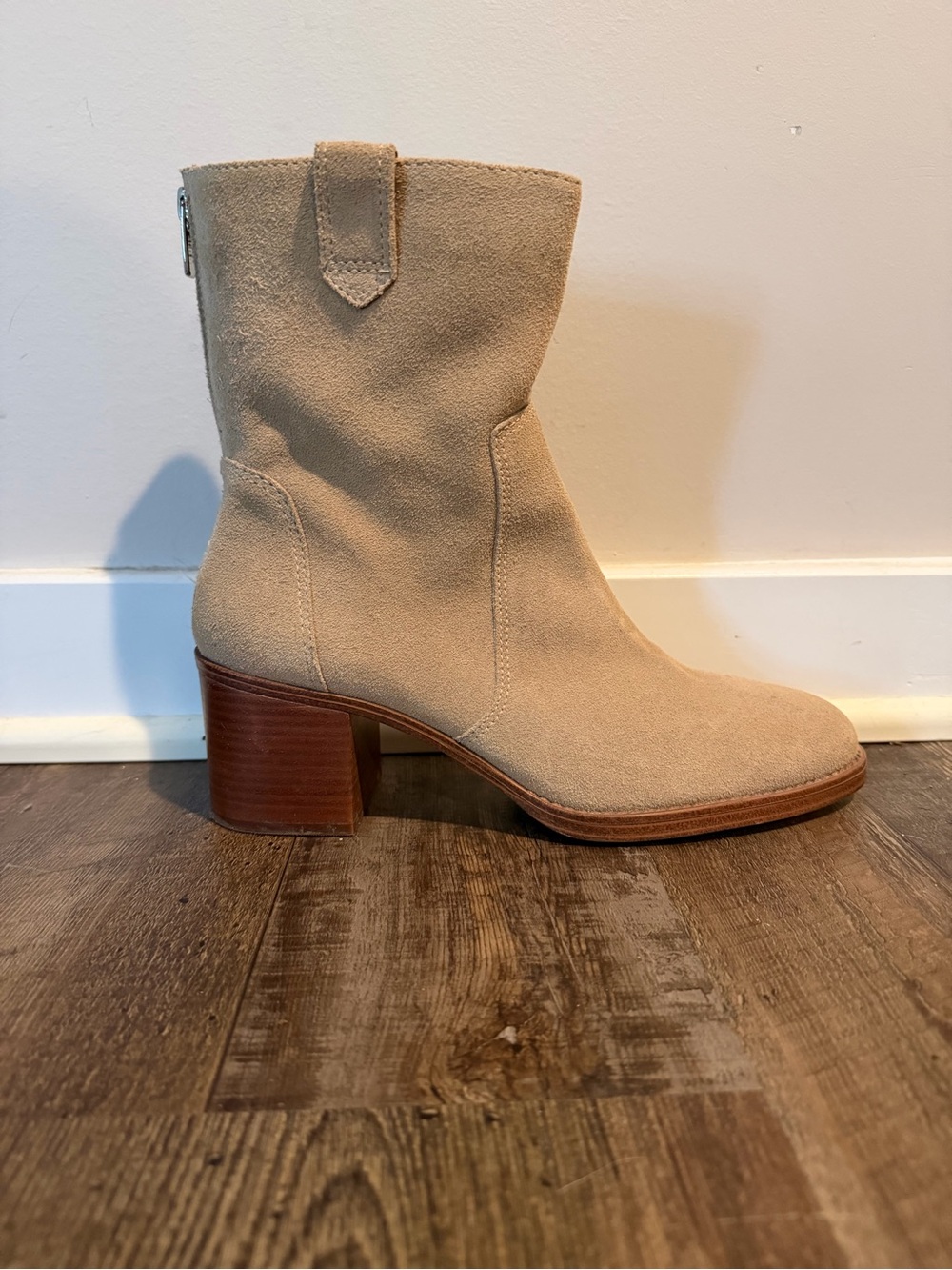 Vince Camuto Beige Suede Block-Heel Ankle Boots